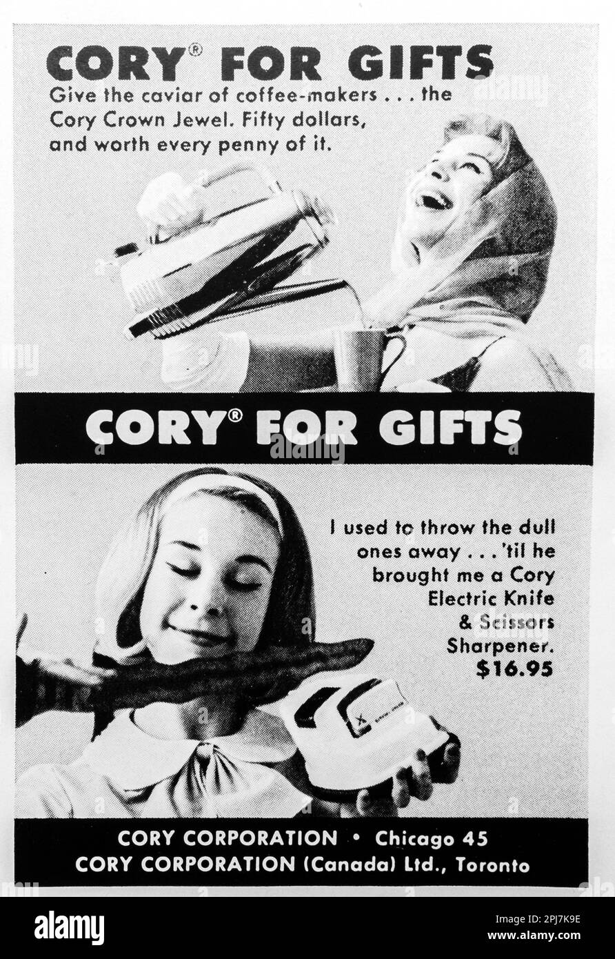 Cory Corporation - Knfie elettrica, forbici, affilatrice, utensili da cucina spot in una rivista NatGeo, novembre 1959 Foto Stock