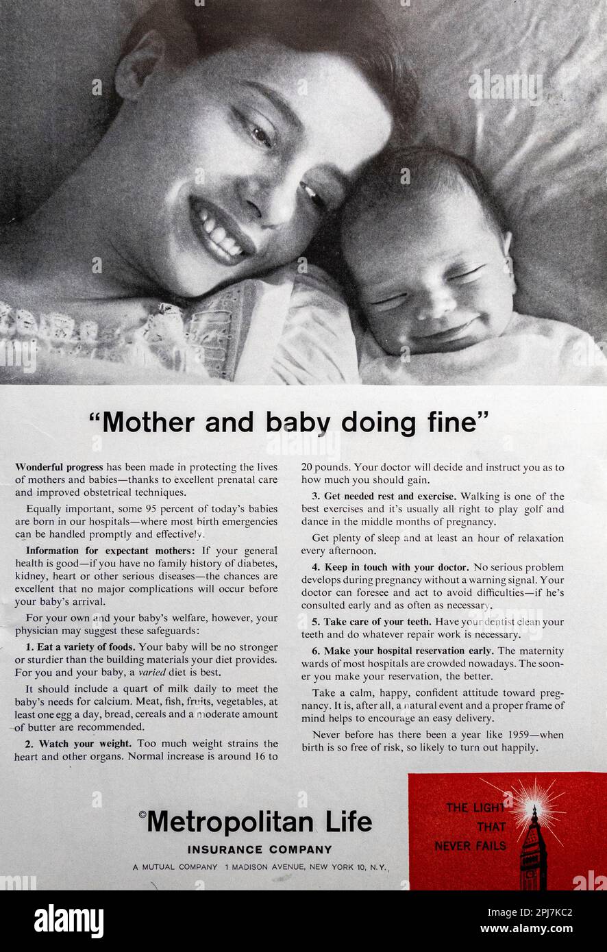 Compagnia di assicurazione vita metropolitana - madre e bambino pubblicità in una rivista NatGeo, novembre 1959 Foto Stock