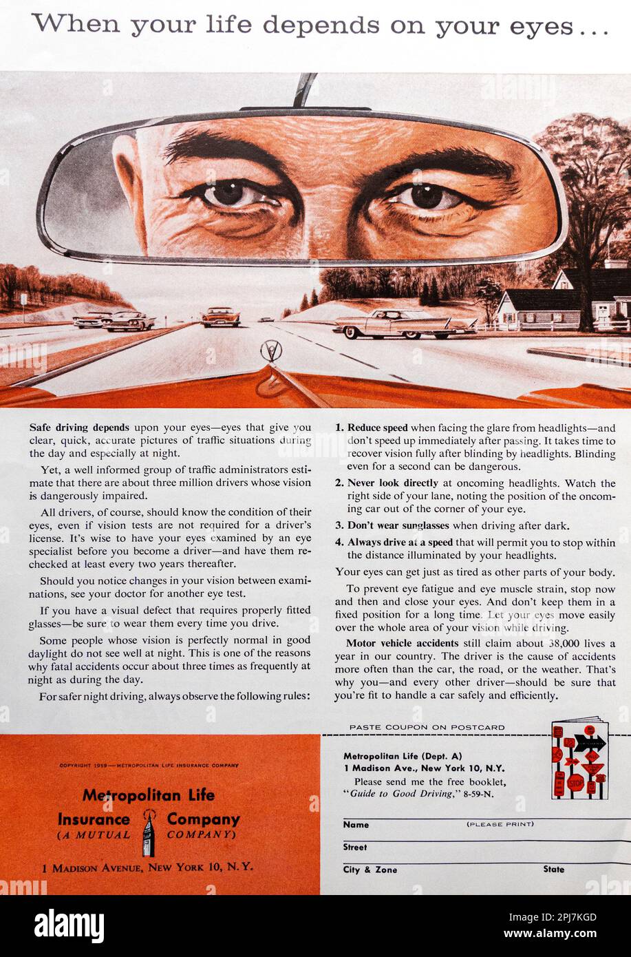 Annuncio di una compagnia di assicurazione vita metropolitana in una rivista NatGeo, agosto 1959 Foto Stock