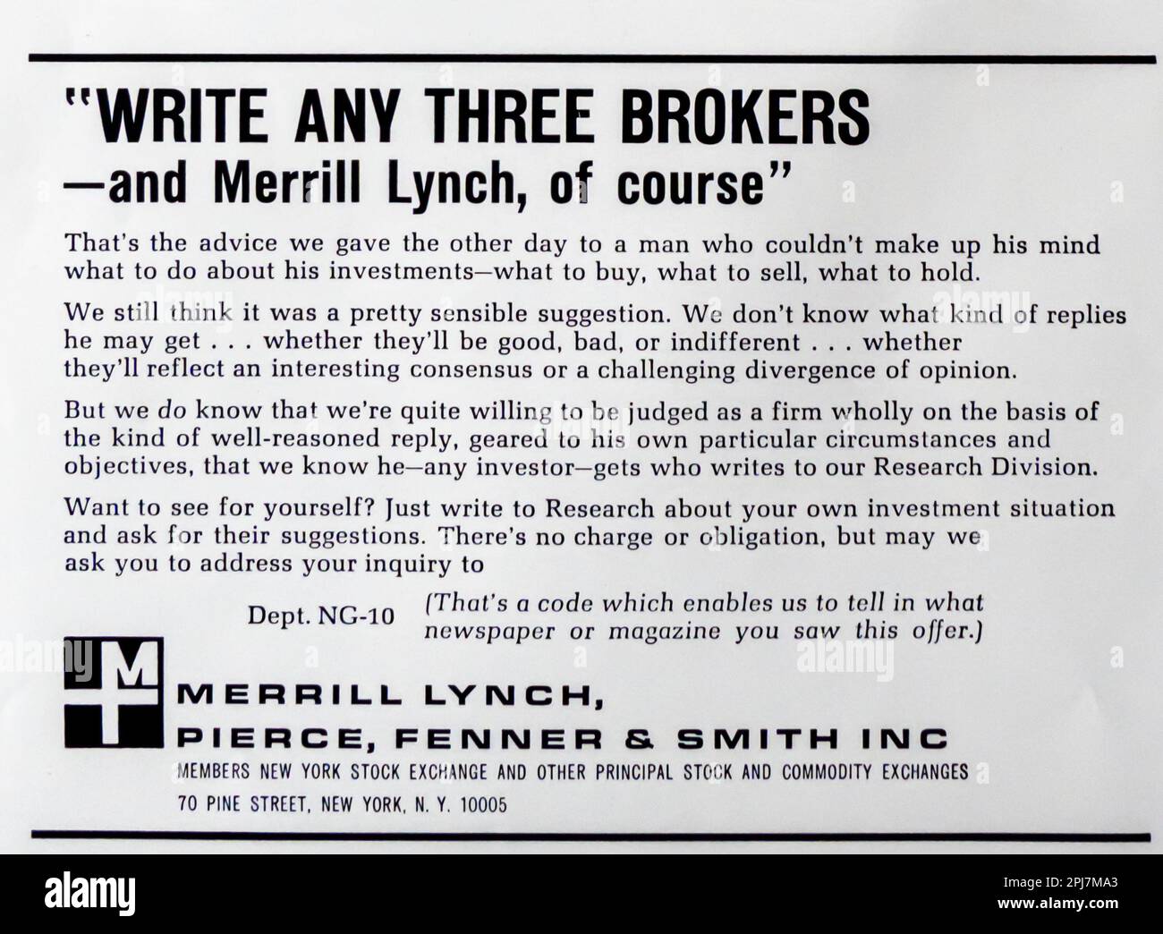 Merrill Lynch, Pierce, Fenner & Smith Inc ( “MLPF&S” o “Merrill”) Annuncio di una società di gestione degli investimenti in una rivista NatGeo, 1966 Foto Stock