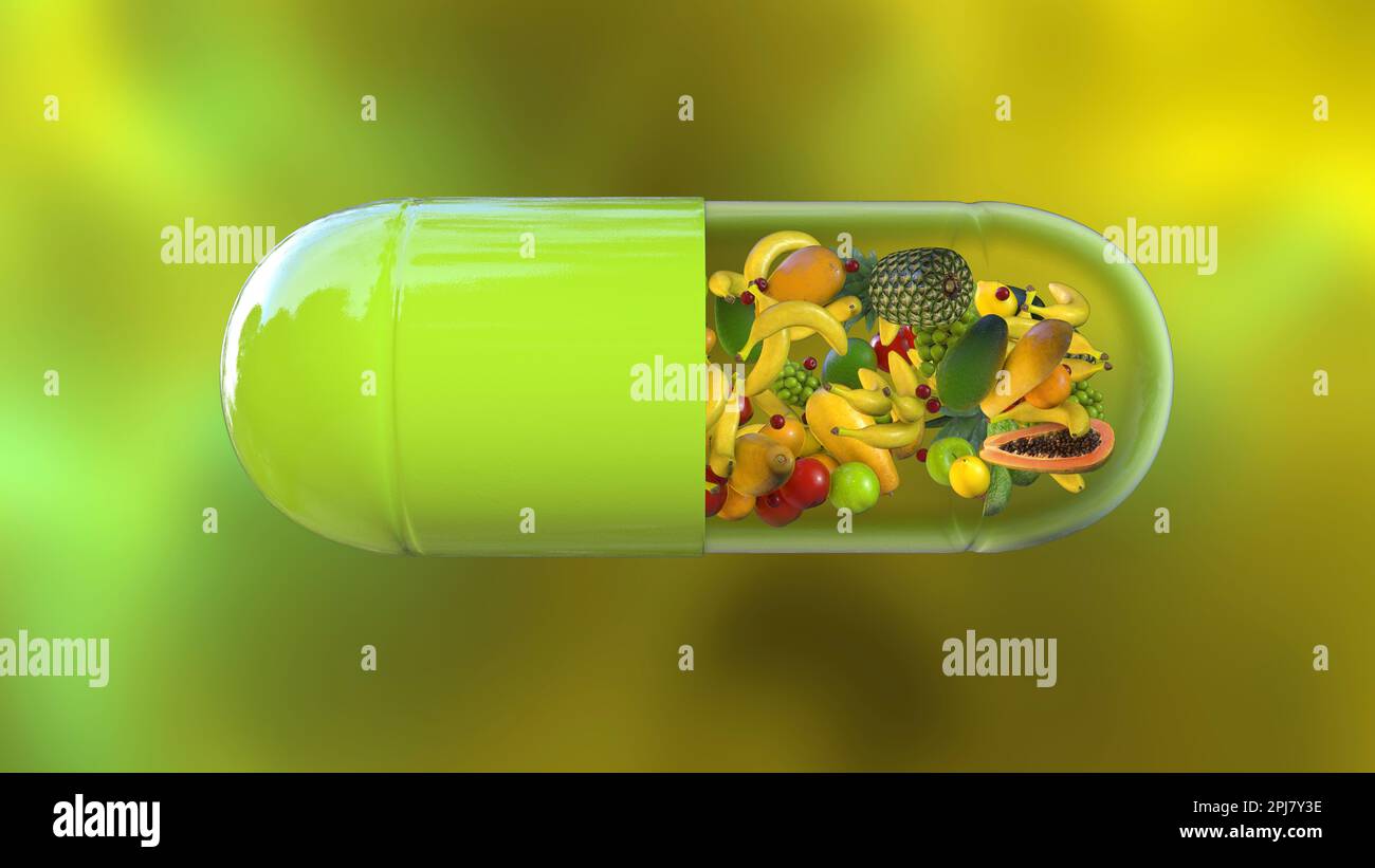 Pillola con frutti, illustrazione concettuale Foto Stock