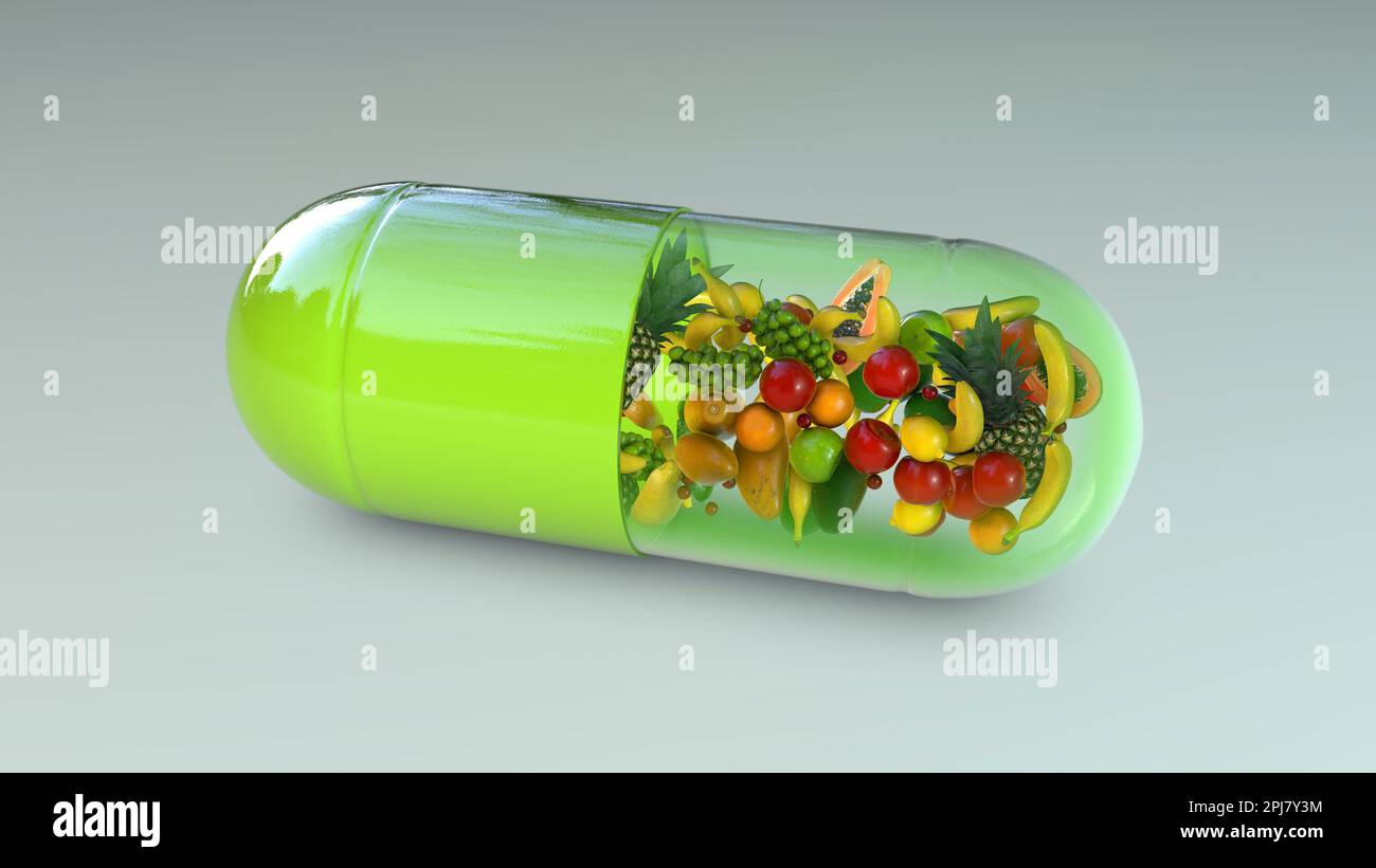 Pillola con frutti, illustrazione concettuale Foto Stock