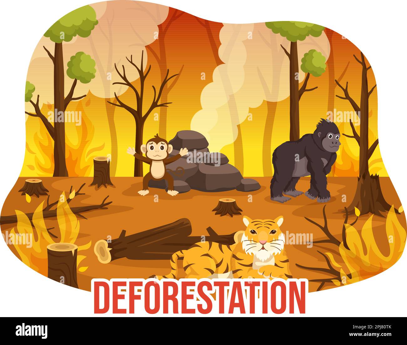 Deforestazione Illustrazione con albero nella foresta abbattuto e bruciando in inquinamento causando l'estinzione di animali in Cartoon modelli disegnati a mano Illustrazione Vettoriale