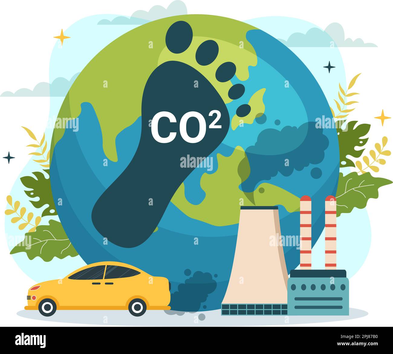 Anidride carbonica o CO2 Illustrazione per salvare il pianeta Terra dai cambiamenti climatici come risultato dell'inquinamento di fabbrica e veicolo nei modelli disegnati a mano Illustrazione Vettoriale