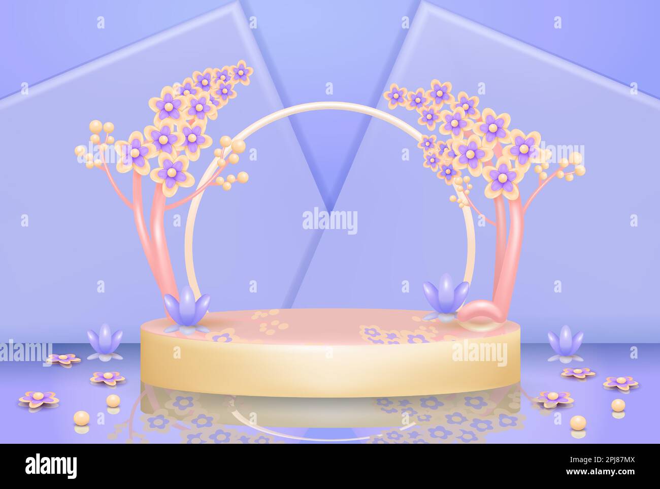 Podio con ornamento albero fiorito. Adatto per prodotti cosmetici Illustrazione Vettoriale