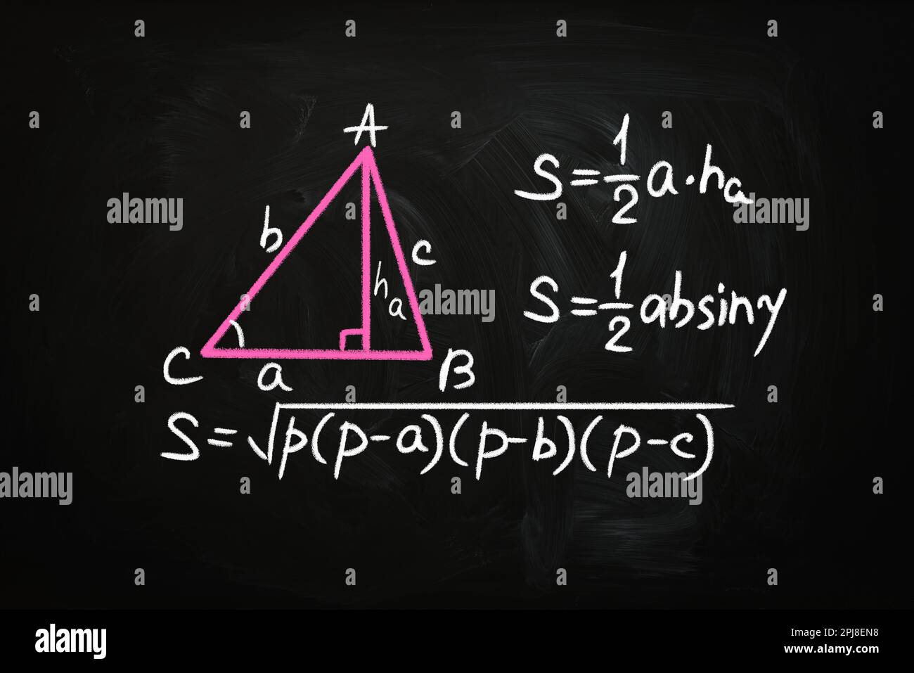 Formule di base per l'area del triangolo scritte sulla lavagna Foto Stock