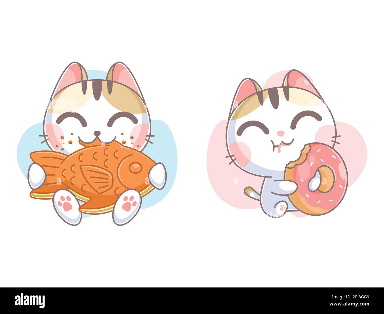 Gattino personaggio mangiare gobbang e donut Illustrazione Vettoriale