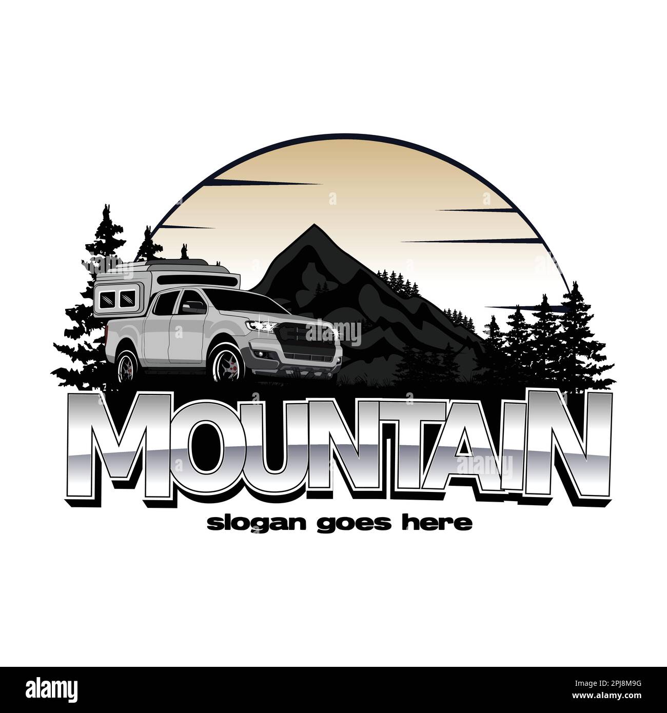 Disegno del logo della montagna con illustrazione vettoriale del camion del campo, avventura esterna . Grafica vettoriale per t-shirt e altri usi Illustrazione Vettoriale