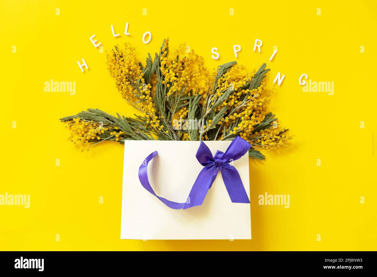Fiori mimosa su borsa di carta regalo e l'iscrizione ciao primavera su sfondo giallo. Concetto di primavera, composizione dei fiori. Biglietto d'auguri. Visualizza da Foto Stock