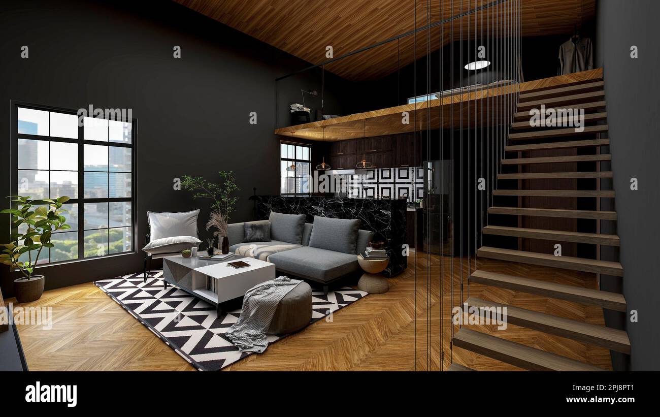 Moderno loft interno soggiorno con parete grigio scuro e pavimento in legno, 3D rendering Foto Stock