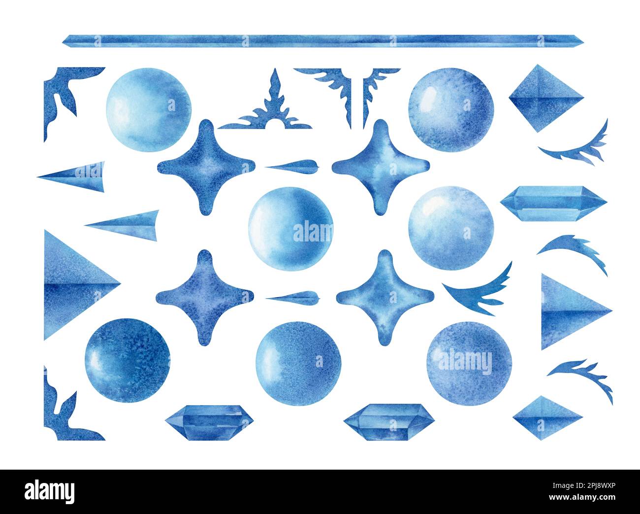 Acquerello disegnato a mano ornamento di ghiaccio blu astratto e uova di pasqua. Elementi isolati su sfondo bianco Foto Stock