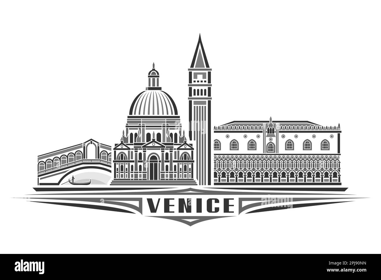 Illustrazione vettoriale di Venezia, carta orizzontale monocromatica con disegno lineare venezia City scape, linea storica europea art concept con lascetta decorativa Illustrazione Vettoriale