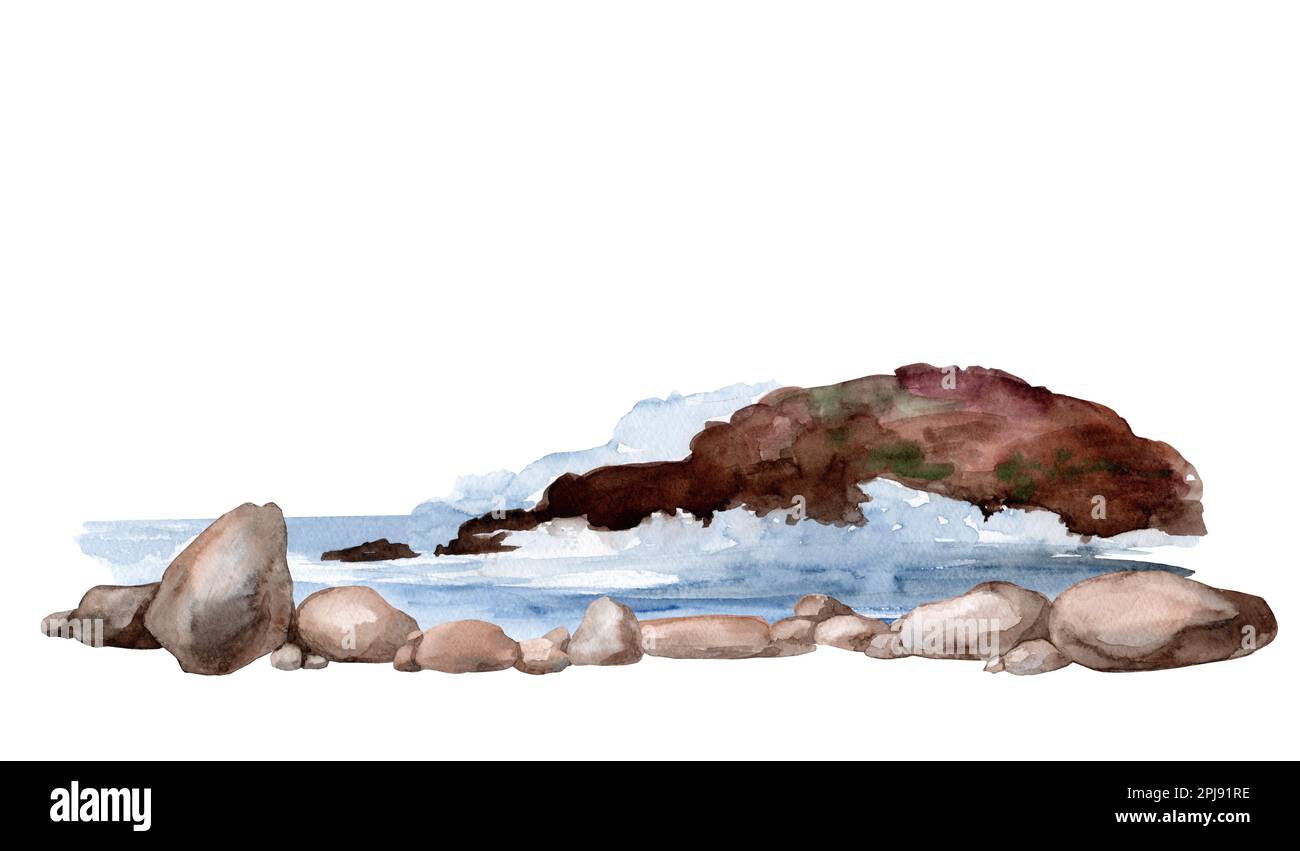 Riva del fiume. illustrazione acquerello. Riva del fiume disegnata a mano con sabbia e rocce. Sfondo bordo scena natura. Foto Stock