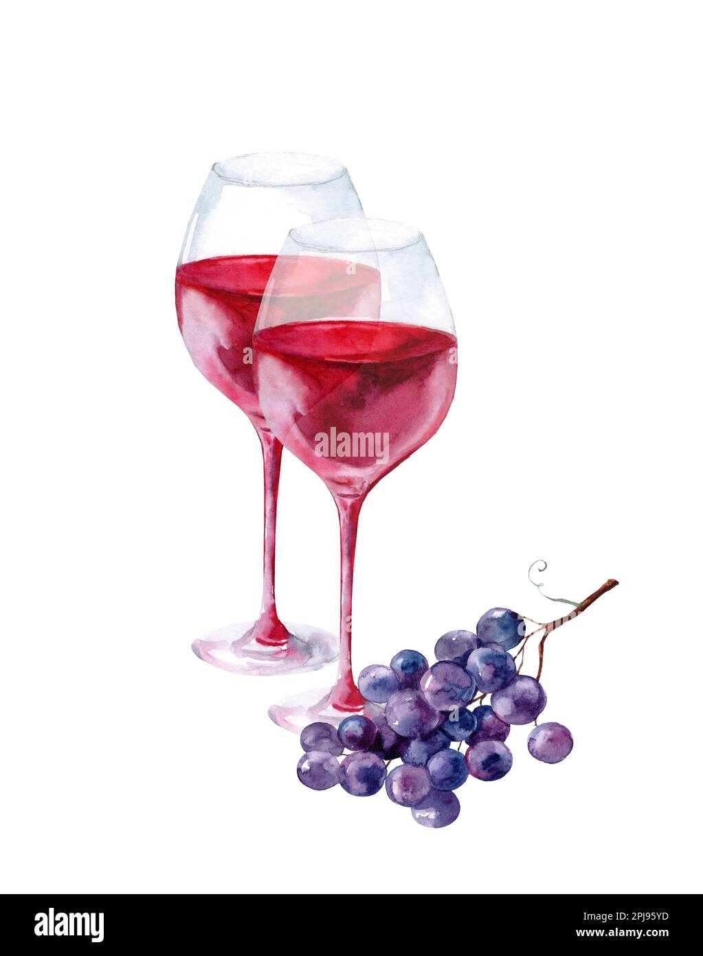 bicchiere di vino rosso con grappolo d'uva. Pittura ad acquerello disegnata a mano Foto Stock