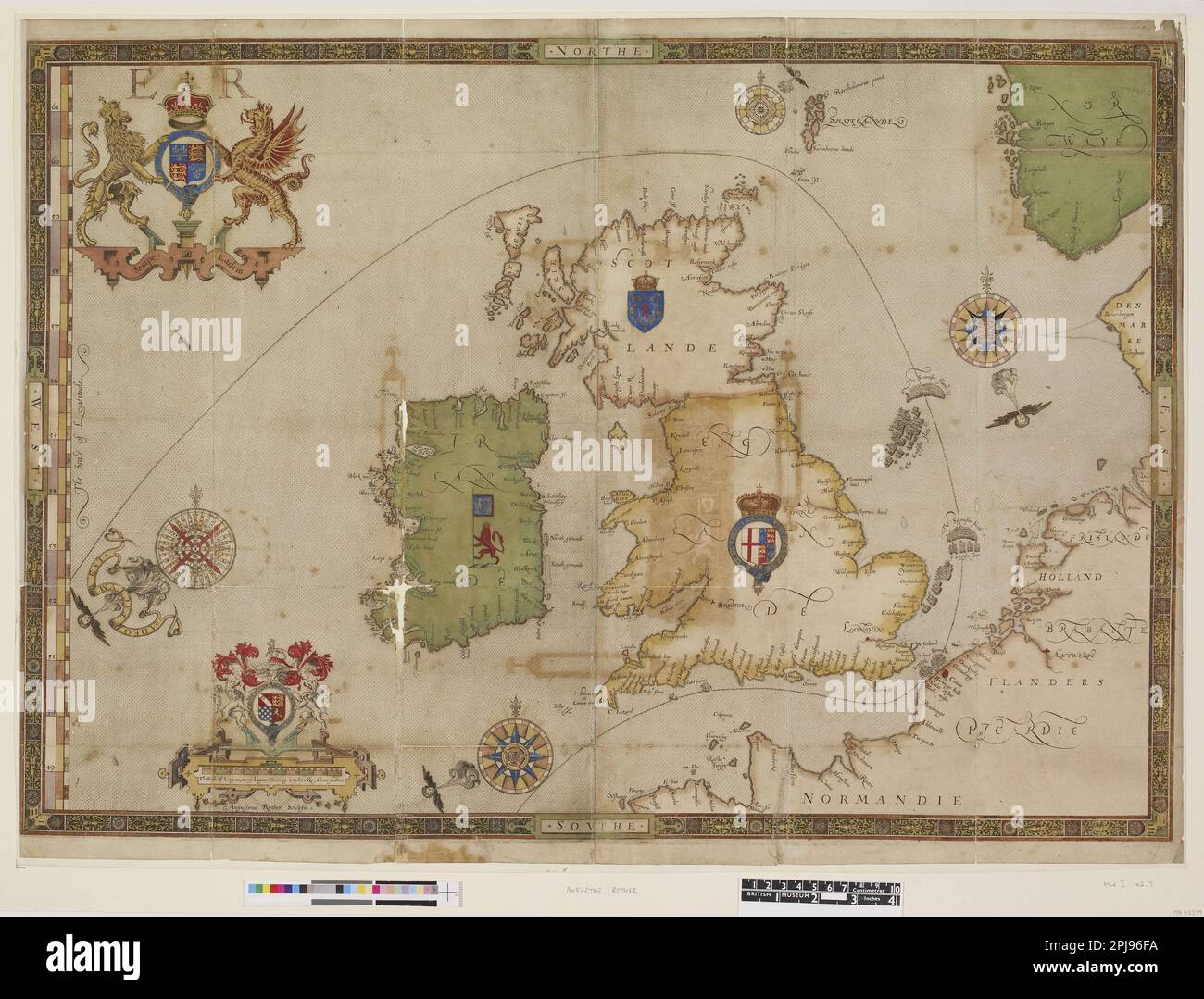 Le piastre Armada. Targa 12: Una mappa della Gran Bretagna e dell'Irlanda, che mostra i percorsi delle flotte spagnola e inglese nel 1588. 1590Engraving con colorazione a mano. MUSEO: BRITISH MUSEUM, LONDRES, REGNO UNITO. Foto Stock