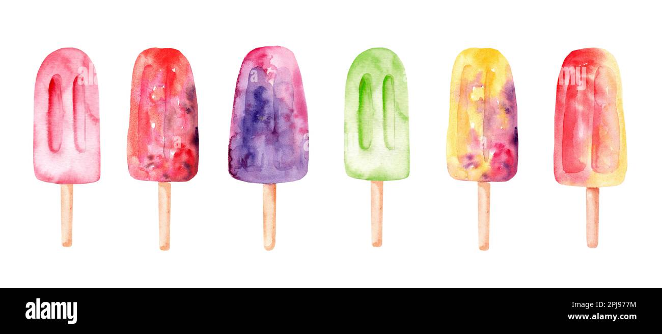 dolci e frutta, gelato alla frutta, elementi estivi su sfondo bianco isolato, acquerello, disegno a mano Foto Stock