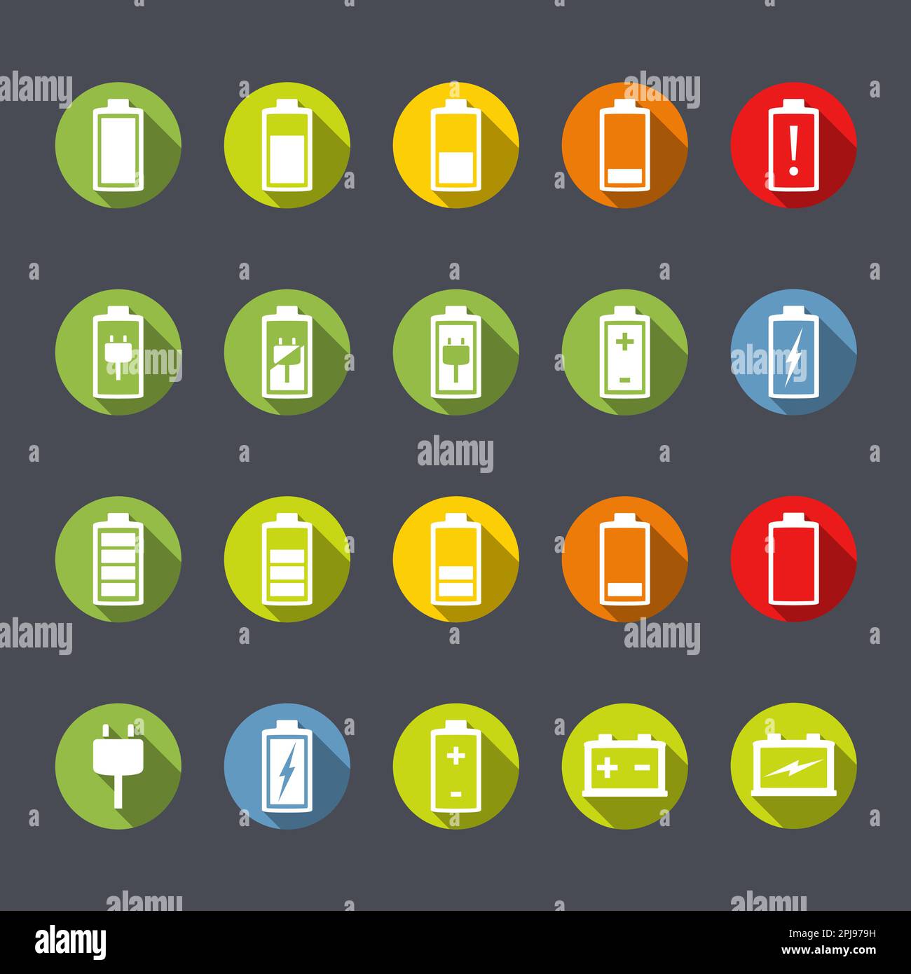 Set di icone batteria e accumulatore, design piatto, illustrazione Vector eps10 Illustrazione Vettoriale