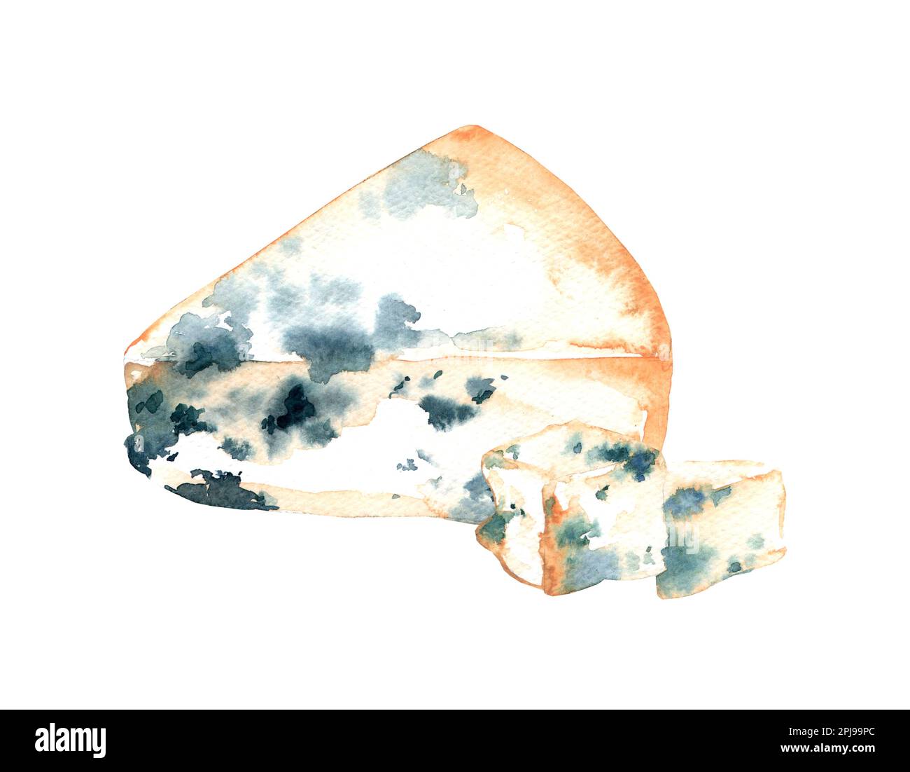 Formaggio blu, Gorgonzola, fetta, primo piano isolato, acquerello su bianco Foto Stock