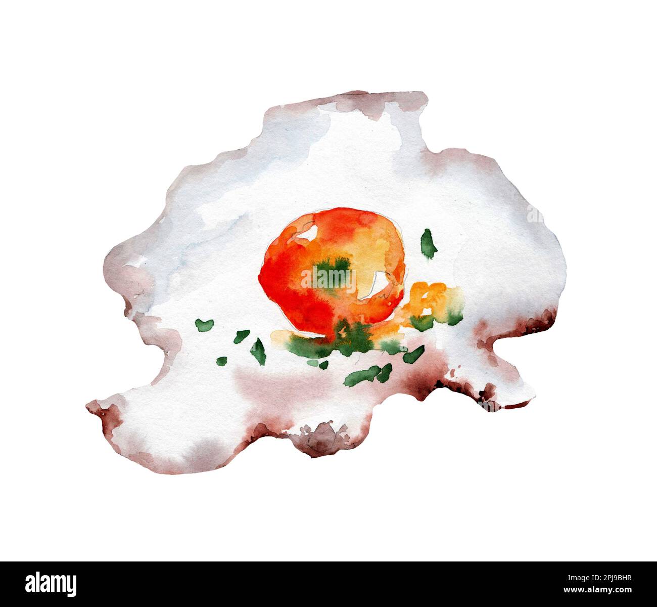 Acquerello illustrazione di uova strapazzate con cipolle verdi su sfondo bianco. Colazione sana. Foto Stock