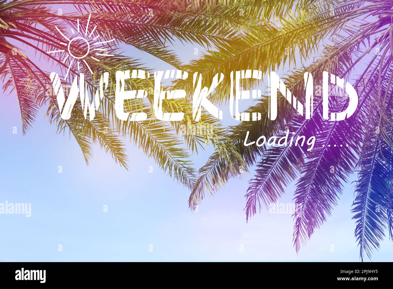 Frase FINE SETTIMANA Caricamento e vista ad angolo basso delle foglie di palma all'aperto Foto Stock