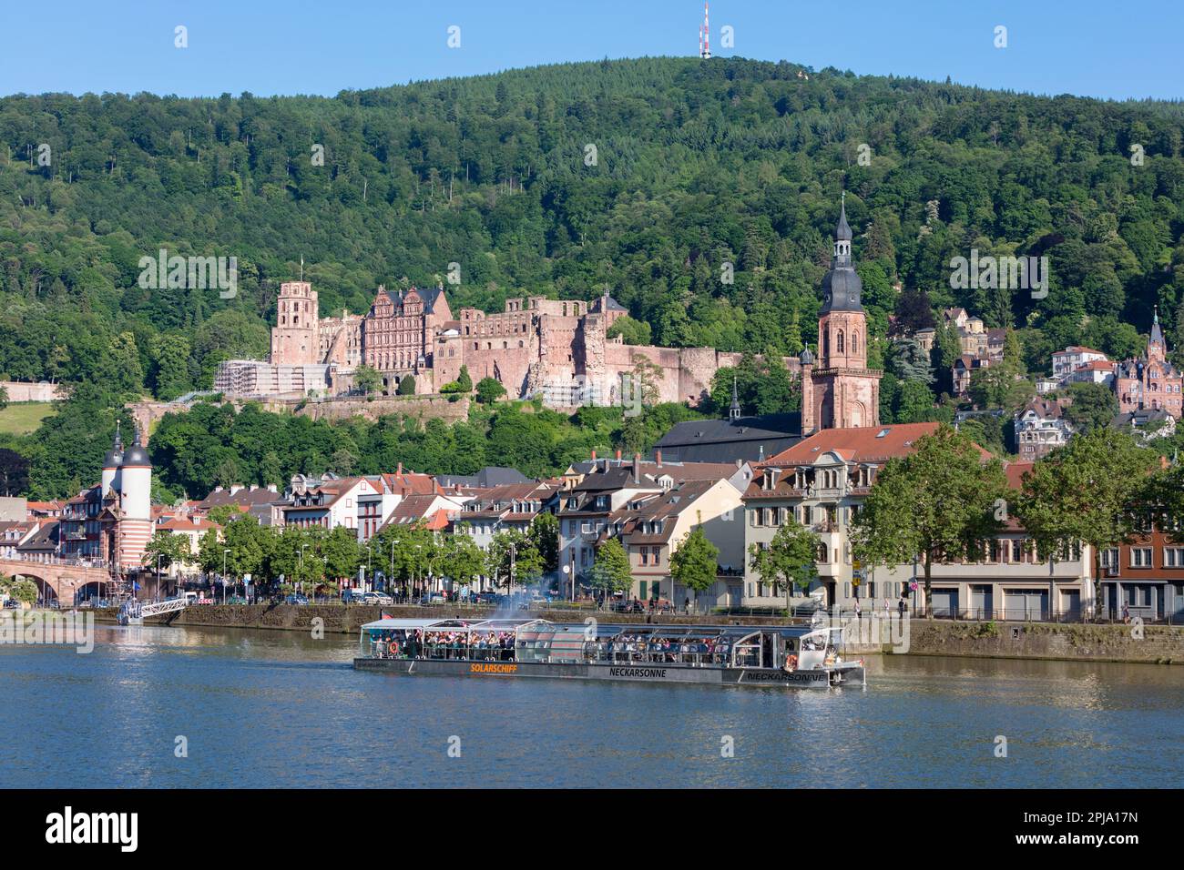 Lo storico castello rinascimentale di Heidelberg, risalente al XIII secolo, si affaccia sul centro storico e sul fiume Neckar nella valle del Neckar. Heidelberg. Foto Stock