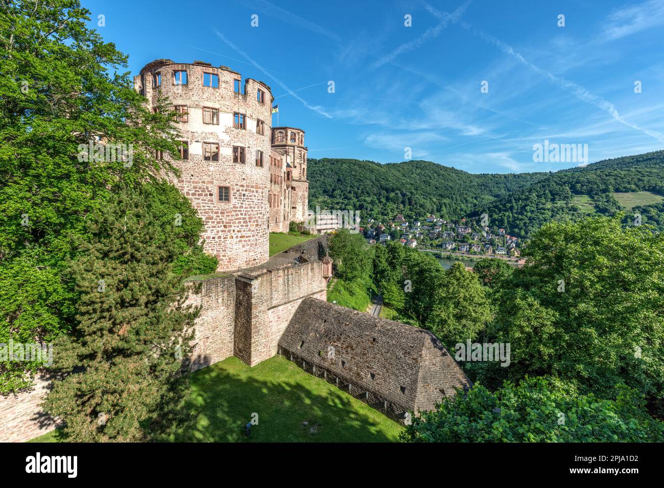 Il Castello di Heidelberg, sul colle di Konigstuhl, un edificio rinascimentale gotico del XIII secolo nella valle del Neckar, si affaccia sulla città Vecchia e sul fiume Neckar. Heidelberg. Foto Stock