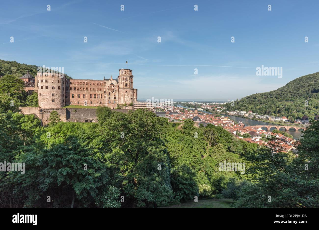 Il Castello di Heidelberg, sul colle di Konigstuhl, un edificio rinascimentale gotico del XIII secolo nella valle del Neckar, si affaccia sulla città Vecchia e sul fiume Neckar. Heidelberg. Foto Stock