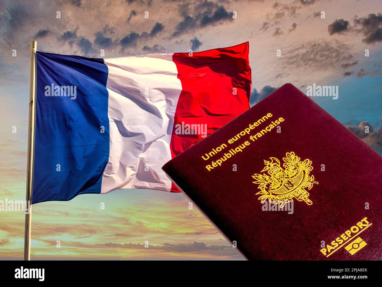 Un passaporto francese si trova sullo sfondo dei colori blu, bianco e rosso della bandiera francese. Foto Stock