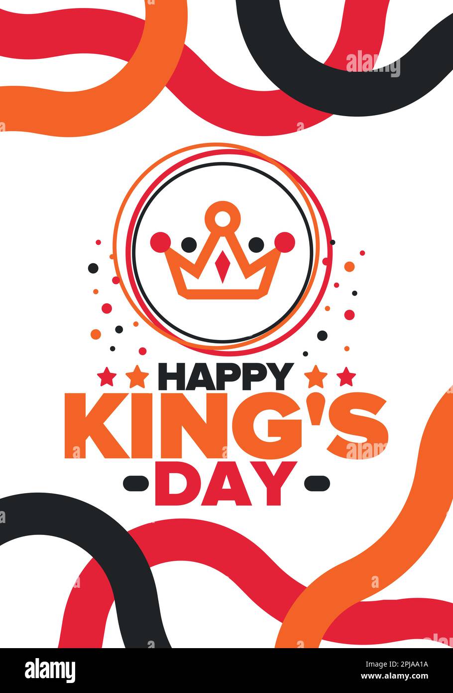 Il giorno del Re nei Paesi Bassi. Koningsdag in olandese. Compleanno di sua Maestà Re. Famiglia reale olandese. Colore arancione o follia arancione. Vettore Illustrazione Vettoriale