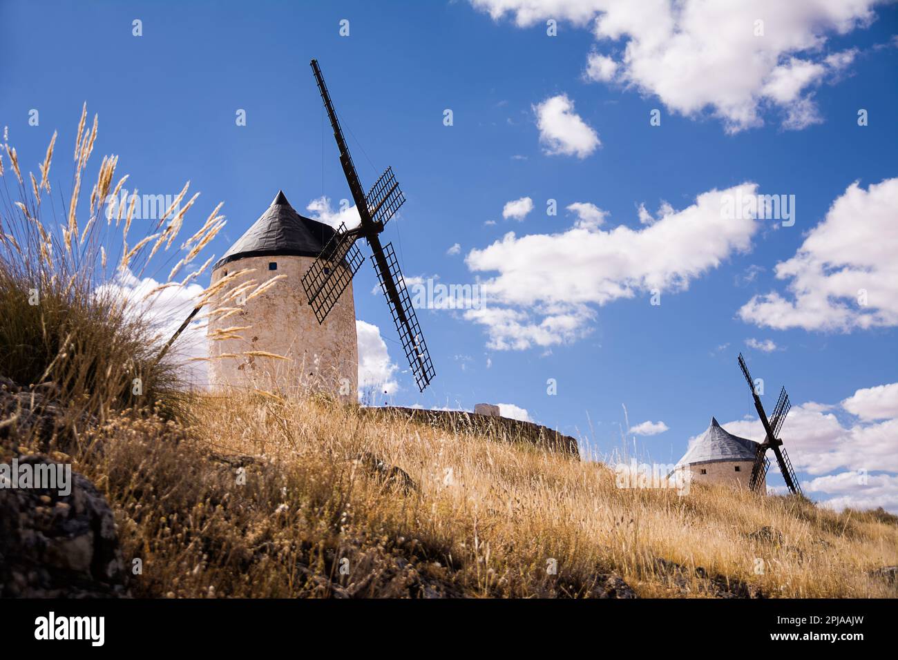 Mulini a vento di Consuegra, nei luoghi del percorso di Cervantes per il suo libro Don Quiscotte Foto Stock