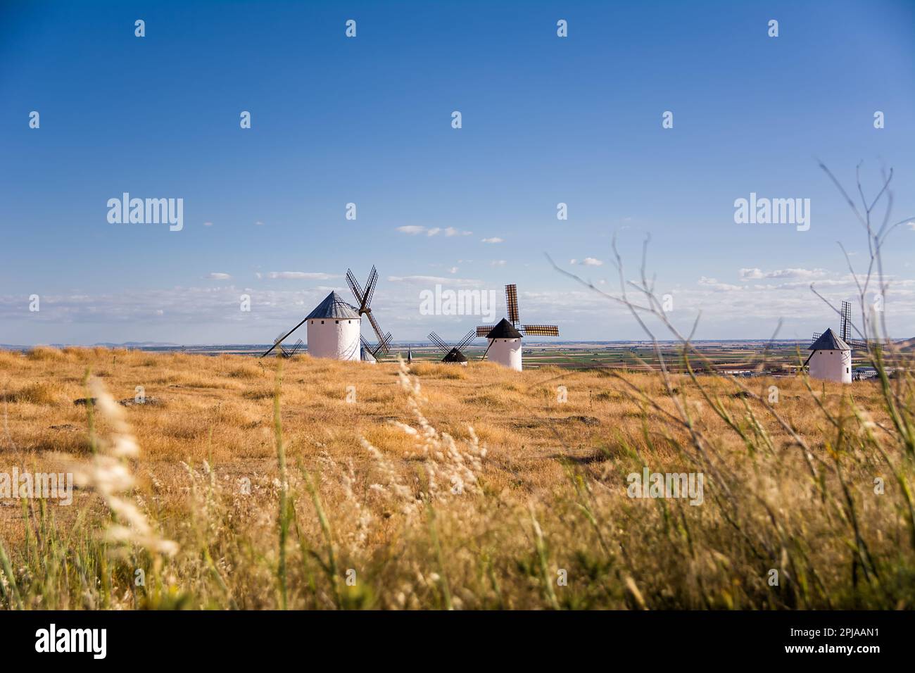Campo secco con antico mulino a vento a campo de Criptana, Spagna, definito in Don Chisciotte Cervantes 'i Giganti' Foto Stock