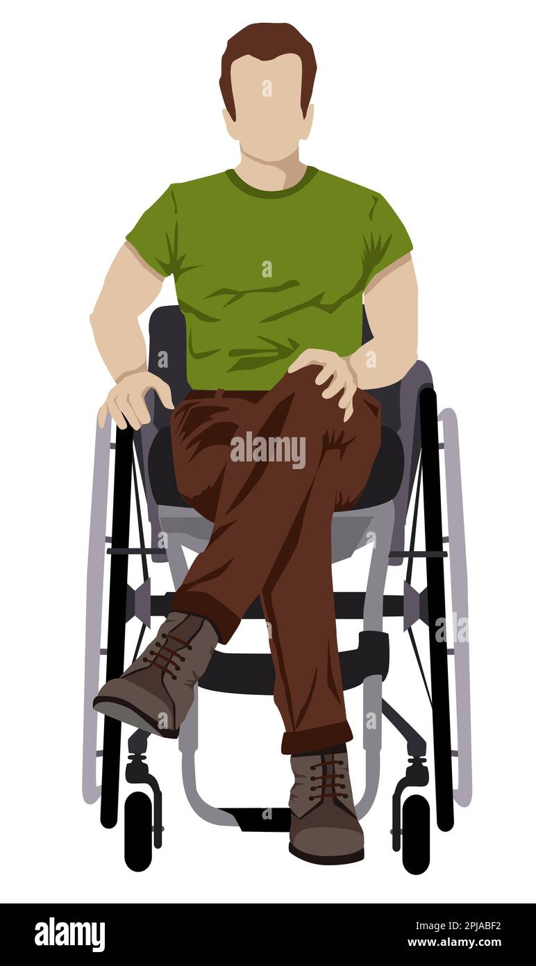 Un giovane uomo che indossa pantaloni marroni e una t-shirt verde con un atteggiamento positivo nei confronti della sua disabilità. Combattere i pregiudizi sulla disabilità. Foto Stock