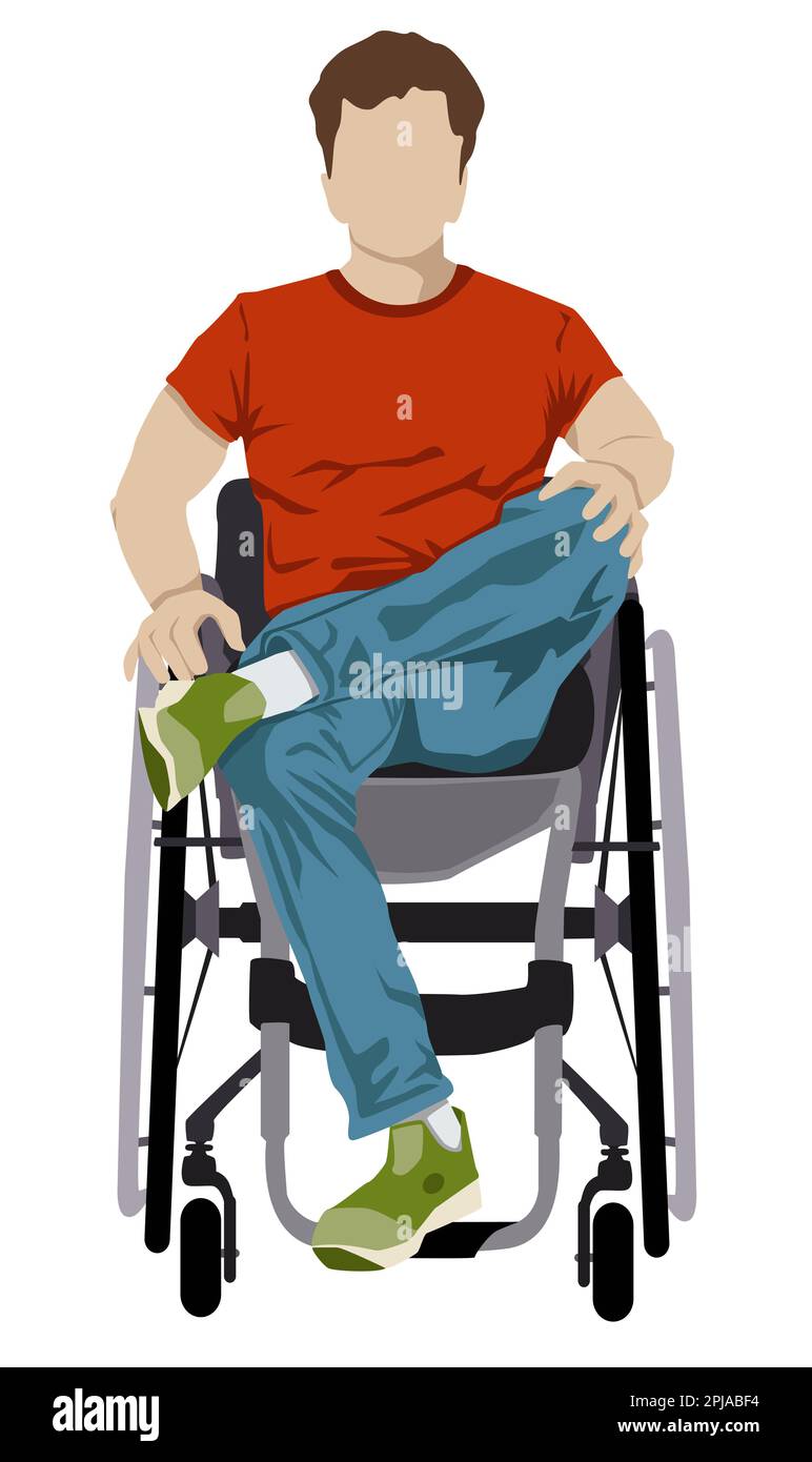 Un giovane uomo che indossa jeans e una T-shirt rossa con un atteggiamento positivo nei confronti della sua disabilità. Lesione del midollo spinale. Combattere i pregiudizi sulla disabilità. Foto Stock