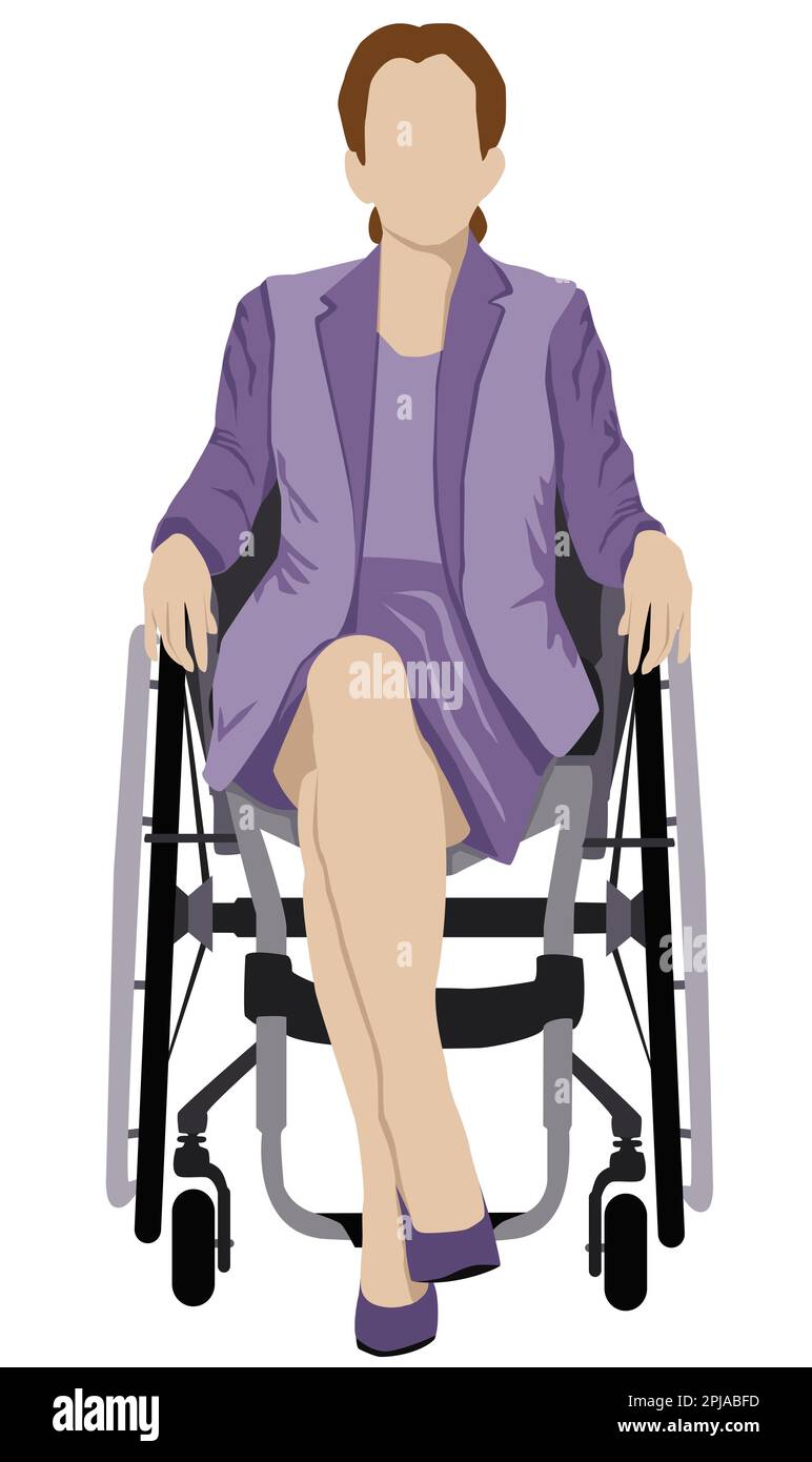 Una donna d'affari disabile con una tuta viola in sedia a rotelle con un atteggiamento positivo nei confronti della sua disabilità. Lotta contro il pregiudizio. Foto Stock