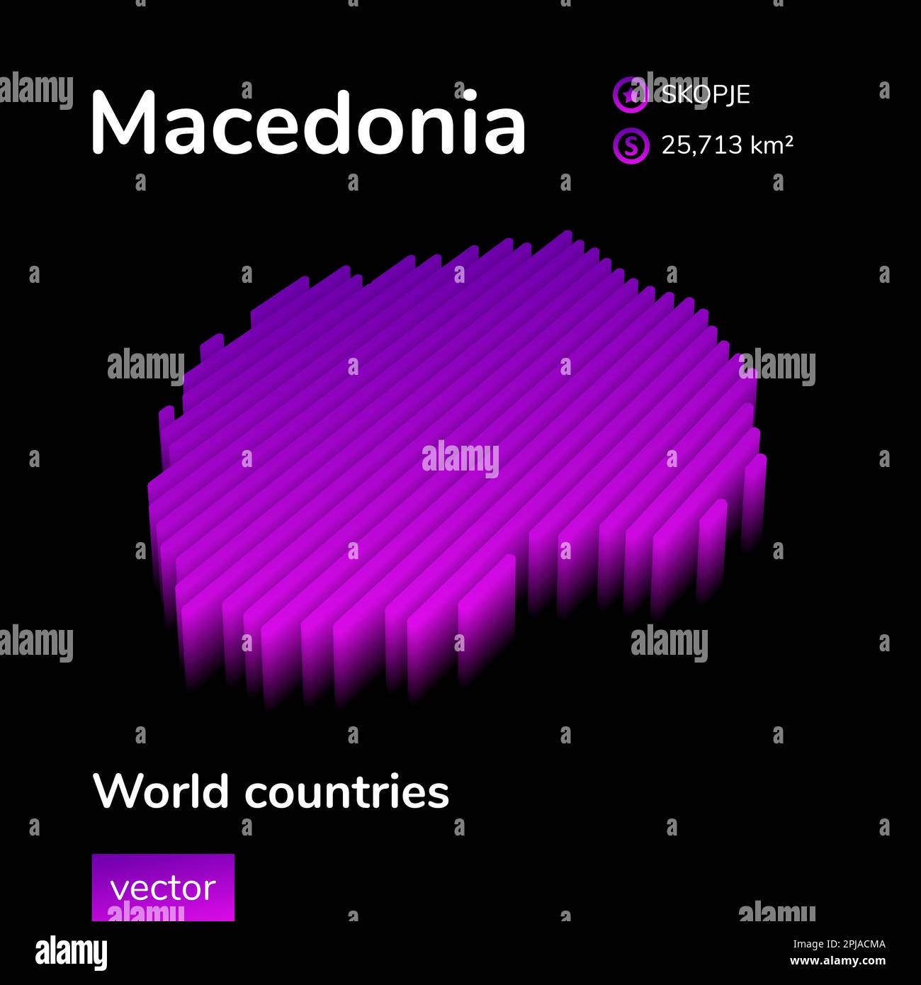 Macedonia 3D mappa. Al neon stilizzato semplice mappa vettoriale isometrica digitale a righe in colori viola e rosa su sfondo nero Illustrazione Vettoriale