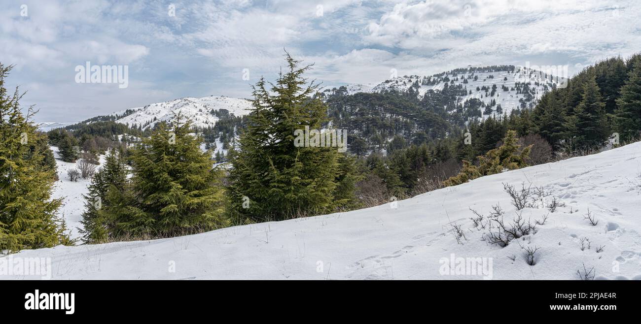Vista panoramica della regione montana del Libano Baskinta in inverno. Foto Stock