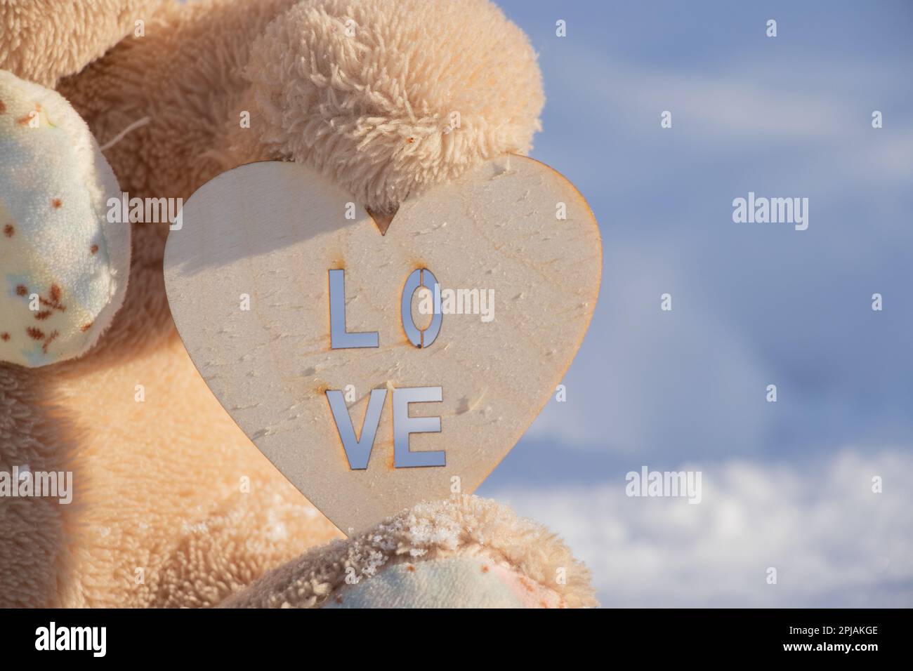 un orsacchiotto tiene un cuore di legno nelle sue zampe sulla strada in inverno Foto Stock