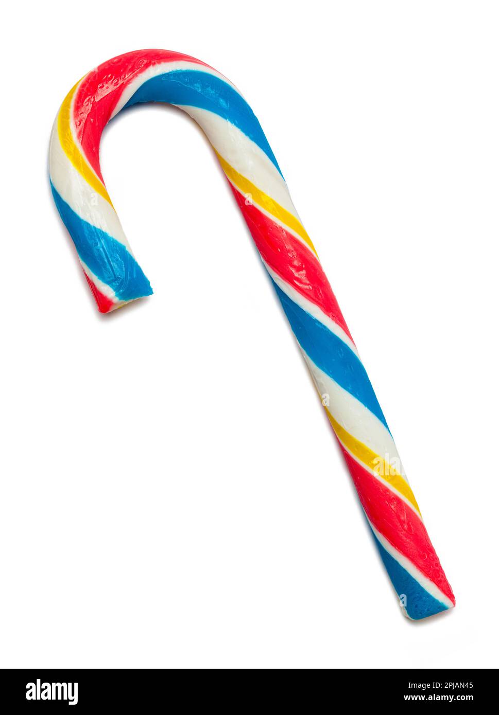 Canna di caramella fruttata tagliata su bianco. Foto Stock