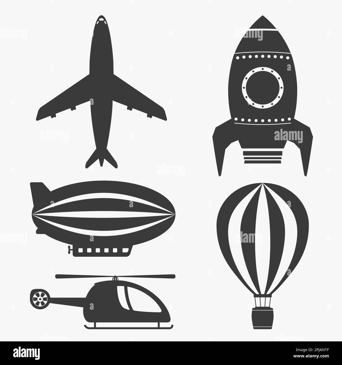 Set di icone per il trasporto aereo, elicottero, aeroplano, ballon ad aria calda, nave aerea e razzo, illustrazione del vettore eps10 Illustrazione Vettoriale
