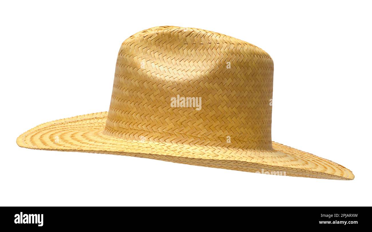 Vista laterale del cappello del Cowboy della paglia ritagliata sul bianco. Foto Stock