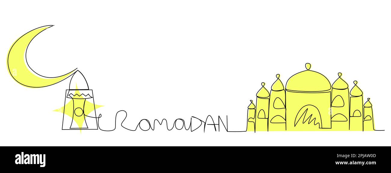 Ramadan in una linea con una silhouette gialla su sfondo bianco. Illustrazione Vettoriale