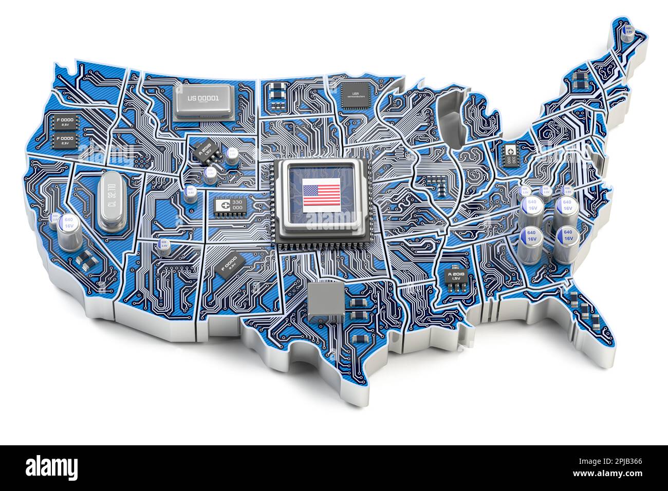 Industria dei semiconduttori negli Stati Uniti, produzione di chip per computer e intelligenceconcept artificiale. Scheda madre con processore CPU in forma di mappa di United Foto Stock