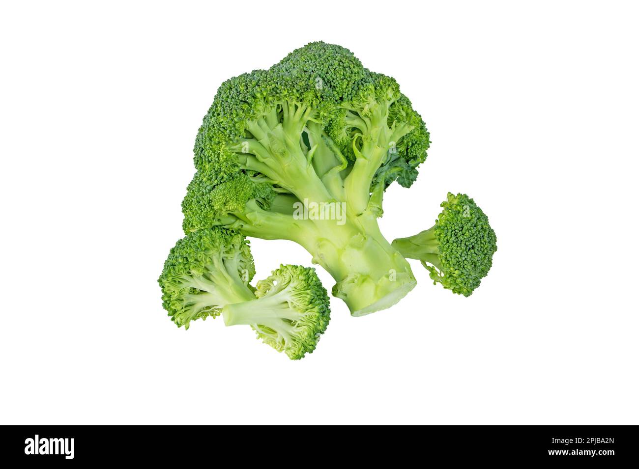 Testa di broccoli e fiori separati isolati su bianco. Brassica oleracea var. verdure italica. Cavolo calabrese Foto Stock