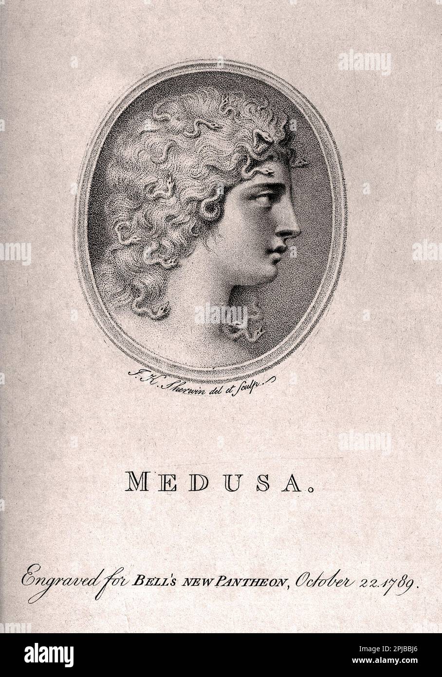 Medusa, incisione vintage a stiletto di J.K. Sherwin dal 1789 Foto Stock