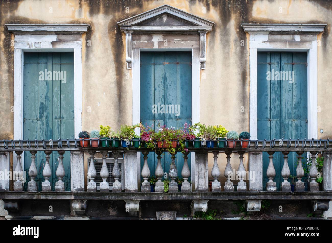 Venezia balcone. Vecchio balcone a Venezia con piante in un bellissimo palazzo antico. Foto Stock