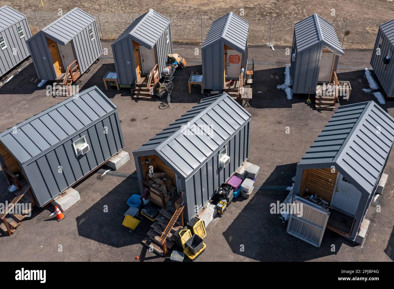 Denver, Colorado, piccole case, costruite dal Colorado Village Collaborative per i senzatetto. L'amato villaggio della comunità è destinato ad essere Foto Stock