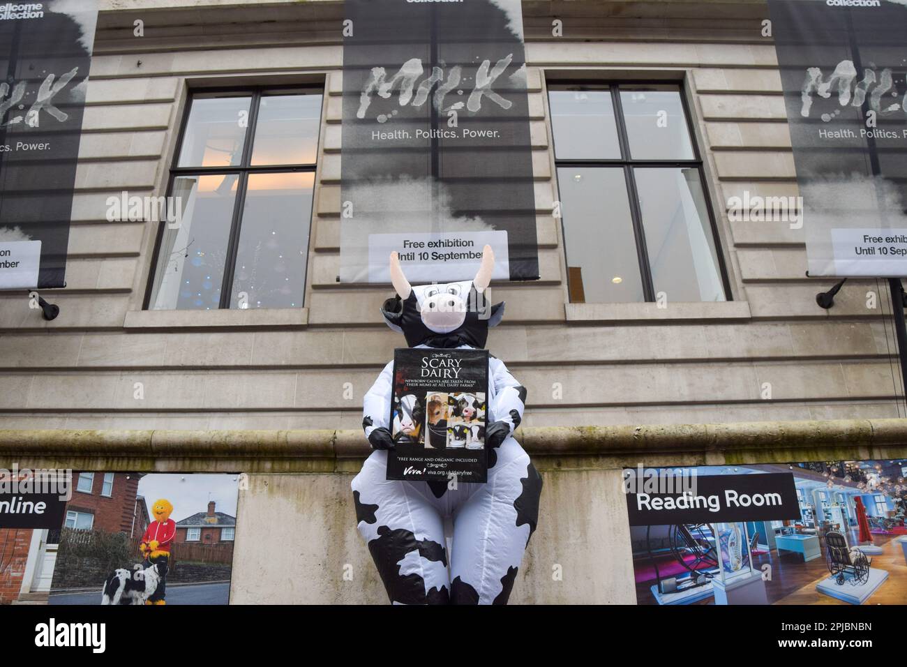 Londra, Regno Unito. 29th marzo 2023. Gli attivisti per i diritti degli animali che detengono segni anti-latticini si sono riuniti all'esterno della Wellcome Collection all'apertura della mostra 'latte' del museo, che 'esplora il nostro rapporto con il latte e il suo posto nella politica, nella società e nella cultura'. Foto Stock