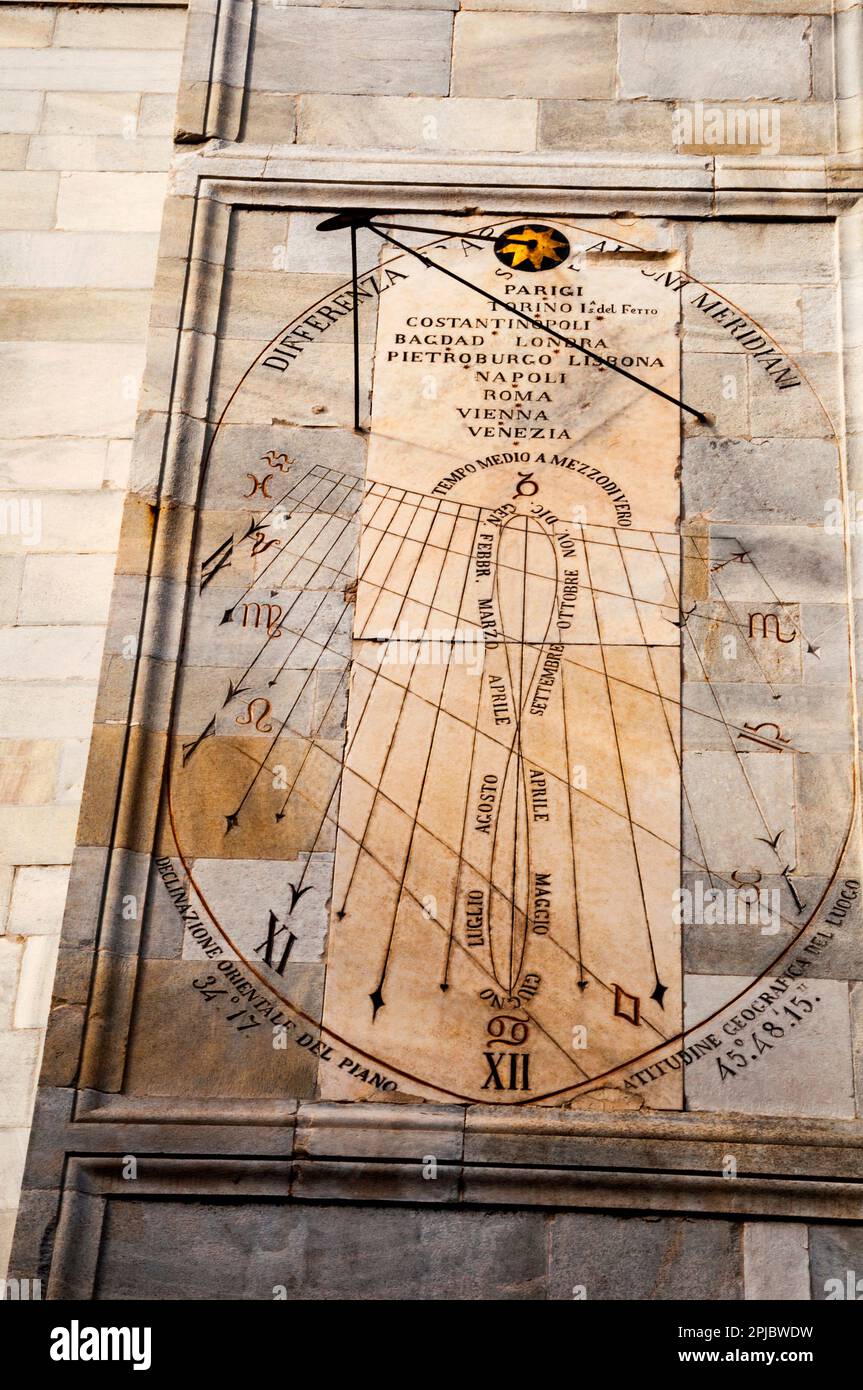 Sundial o meridiana sul lato meridionale del Duomo di Como sulla Cattedrale di Como a Como, Italia. Foto Stock