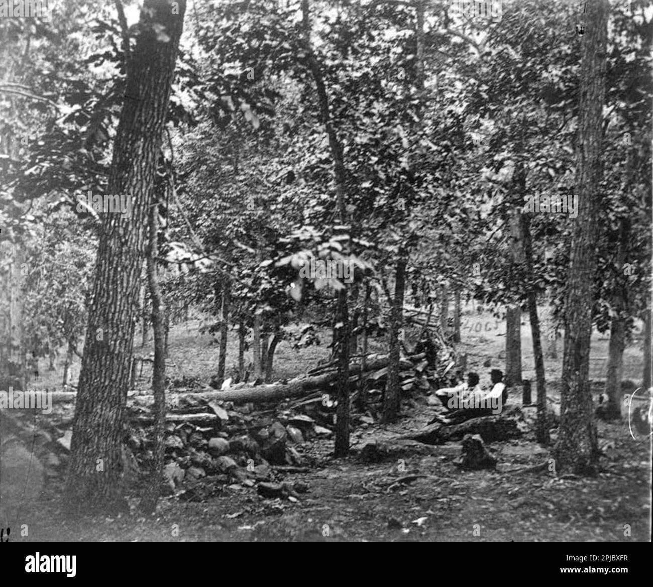 Le posizioni difensive dell'esercito dell'Unione sulla collina di Culp alla battaglia di Gettysburg durante la guerra civile americana. Foto Stock