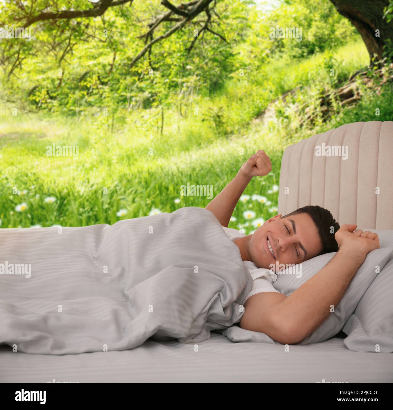 Uomo felice che si allunga nel letto e bella vista del parco sullo sfondo. Dormi bene - resta in salute Foto Stock